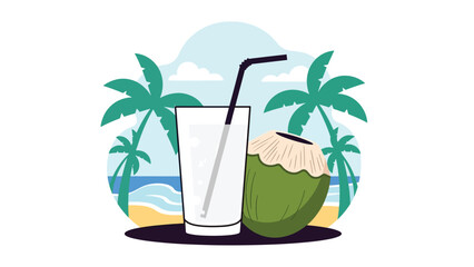 Modern flat vector illustration of refreshing coconut water with fresh coconut fruit, tropical healthy drink concept perfect for summer beverage, wellness, and hydration themes