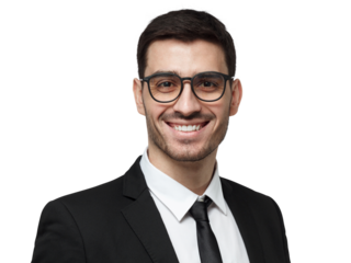 Frontal close-up portrait of a smiling young businessman in a black suit and glasses