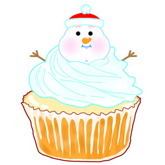 Cute christmas snowman cupcake illustration with pastel blue frosting santa hat and kawaii winter dessert character isolated
