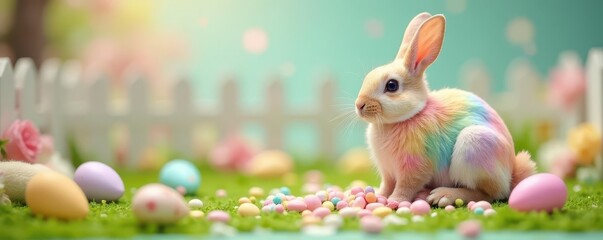 Rainbow bunny candy spills near pastel eggs by picket fence , joy, springtime