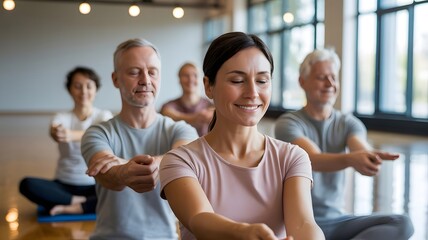 Diverse group of happy adults practicing yoga and meditation, promoting wellness, mental health, and calm. This peaceful lifestyle image highlights healthy living, stress relief, and group fitness 