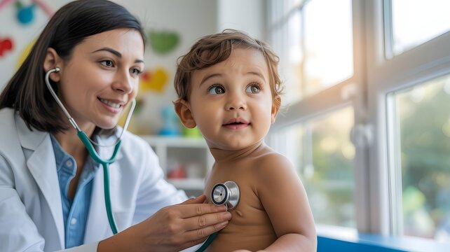 Caring doctor performing a gentle medical examination on a happy baby, using a stethoscope. Emphasizes wellness, child health, and professional pediatric care in a bright clinic setting.