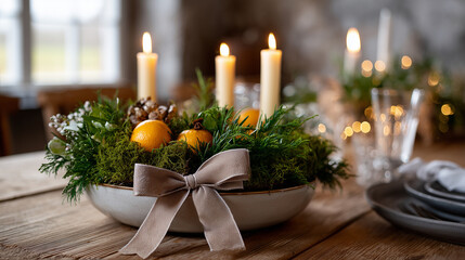 Festive table setting with decorative centerpiece. Christmas wreath with burning candles, greenery, and tangerines oranges