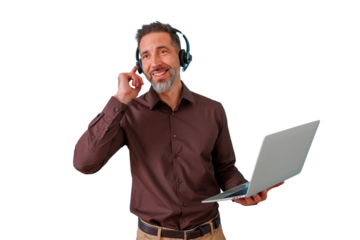 Man wearing headphones and holding laptop, smiling while listening to a remote online briefing over transparent background