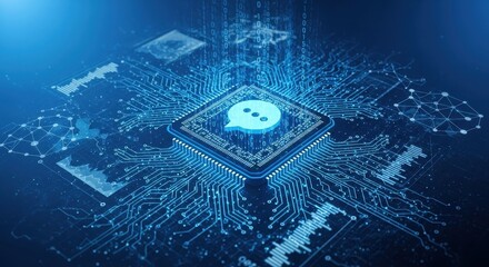 AI Microchip with Speech Bubble Icon – Futuristic CPU Embedded in Circuit Board with Glowing Blue Circuitry