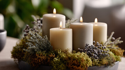 Four lit candles arranged in a circular formation on a bed of moss and greenery. The setting is cozy and warm, ideal for relaxation or meditation.