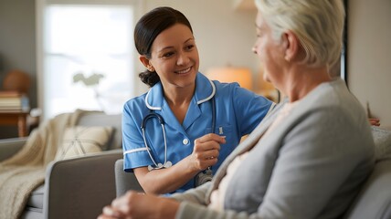 Caring nurse or doctor consulting an elderly patient at home, providing compassionate medical care, wellness support, and professional healthcare services in a warm, friendly environment.