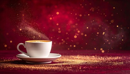 Fototapeta premium 深みのあるバーガンディ背景に、柔らかく発光するダスト粒子が漂う上質な映像です。 サイドアングルで捉えたコーヒーカップが、落ち着いたカフェブランディングを演出。 穏やかな光と赤系トーンが、信頼・温もり・贅沢といった感情を喚起します。