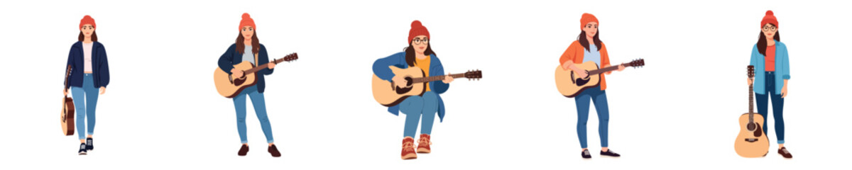 Female Guitarist Musician Vector Flat Design Creative Acoustic Lifestyle Illustration Set