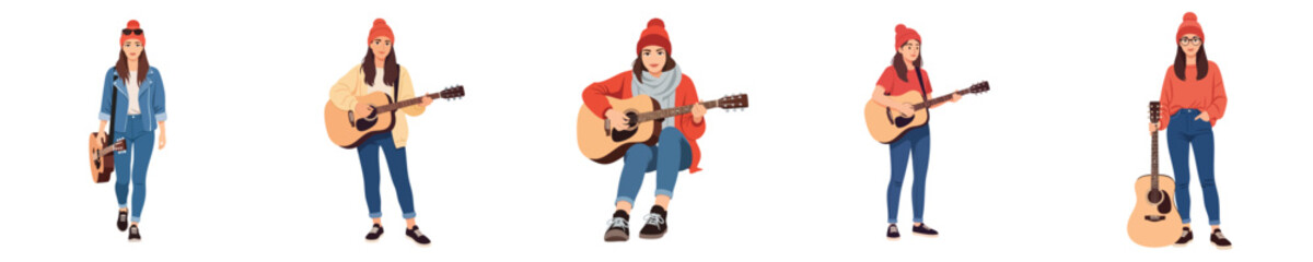 Female Guitarist Musician Vector Flat Design Acoustic Music Lifestyle Character Set
