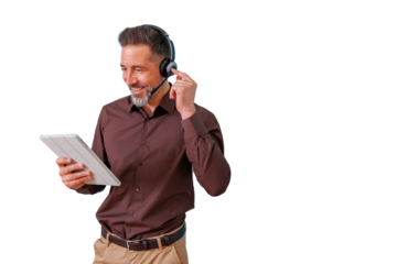 Happy man wearing headset using digital tablet for customer service support, online communication, and virtual assistance