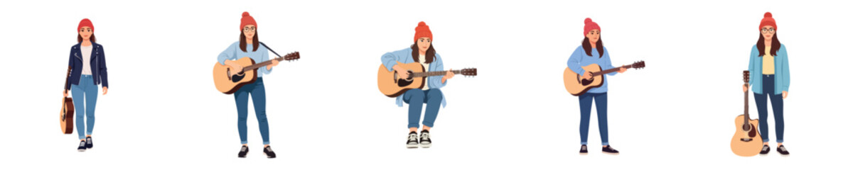 Female Guitarist Musician Vector Flat Design Creative Acoustic Lifestyle Illustration