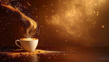 ダークブラウンとゴールドのグラデーション背景に、柔らかな光粒子が浮遊する高級感ある映像。
画面下部に配置されたラテカップが、上質なカフェやブランド広告の世界観を演出します。