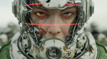 Futuristic female cyborg soldier with Red Alert text on digital eye HUD. Sci-fi portrait of military woman in white armored helmet facing danger in war zone