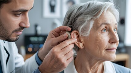 Hearing aid fitting on senior woman in clinical setting with soft lighting for healthcare advertising