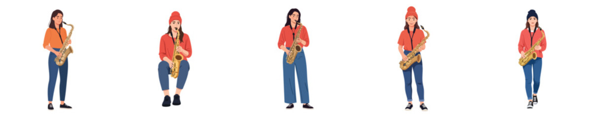 Fototapeta premium Female Saxophonist Musician Playing Saxophone Jazz Performance Flat Vector Set