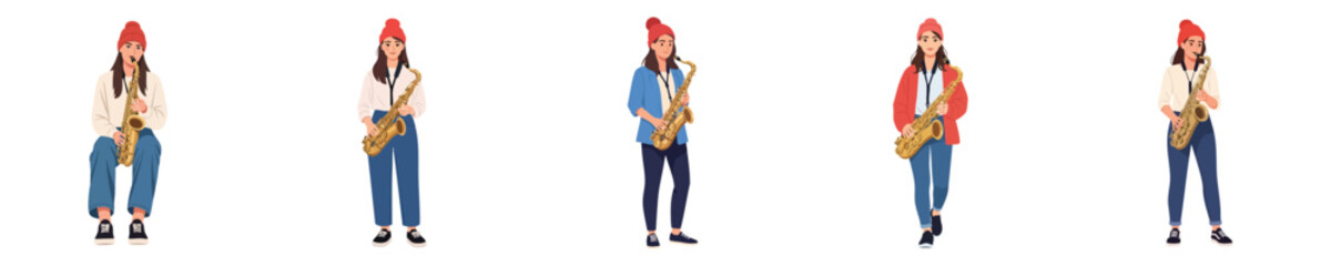 Fototapeta premium Female Saxophonist Musician Playing Saxophone Jazz Vector Flat Illustration Set