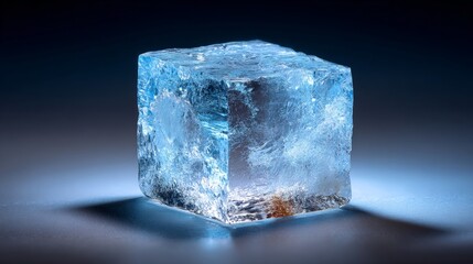 Obraz premium A macro shot of a translucent blue crystal cube with sharp facets and dramatic lighting against a dark background.