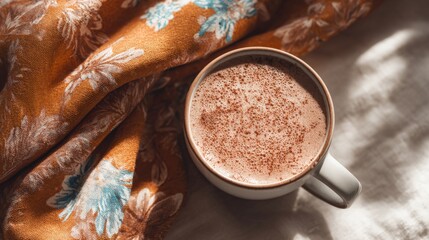 A top-down view of a steaming mug on a floral fabric with soft natural lighting and elegant composition.