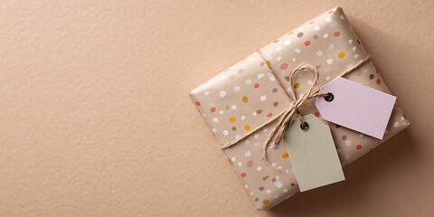 Beautifully wrapped gift with colorful polka dots and tags
