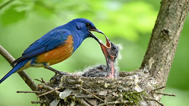 Blue bird feeds its young chick in a natural nest on a tree branch