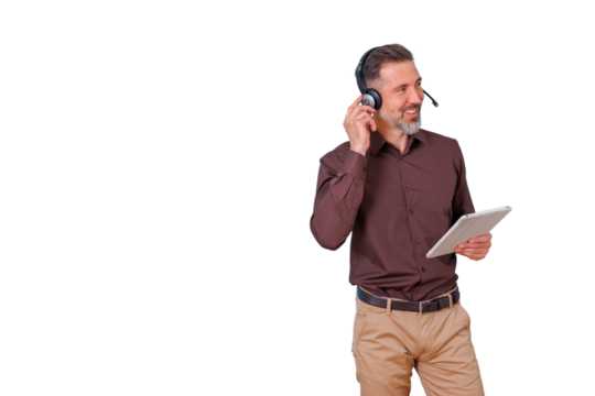 Smiling customer support agent wearing headset and holding tablet, providing assistance on transparent background - Powered by Adobe