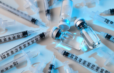 Close up of Single Use Insulin Syringes Gauge 31 with Glass Vials