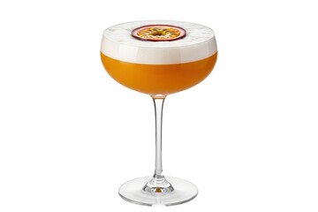 Classic pornstar martini cocktail with passion fruit in a coupe glass isolated