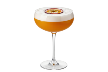 Classic pornstar martini cocktail with passion fruit in a coupe glass isolated
