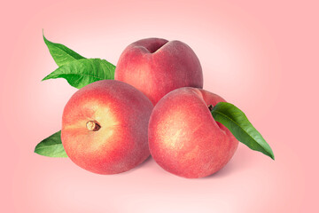 Fresh ripe peaches arranged on a soft pastel pink background. Minimalist composition perfect for food photography, healthy eating concepts, summer themes, and natural produce.