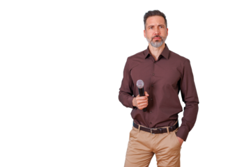 Thoughtful man holding a microphone, looking away. Presenter delivering a speech, having a conversation, or brainstorming