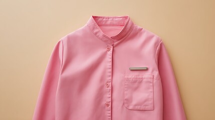 Pink button down shirt with silver accessory on pocket