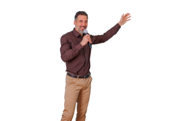 Man public speaking, presenting and gesturing with microphone, confident speaker delivering a speech on transparent background