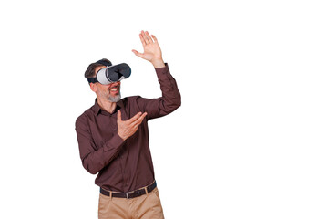 Man experiencing virtual reality metaverse, gesturing and interacting with digital simulation, futuristic technology concept on transparent background