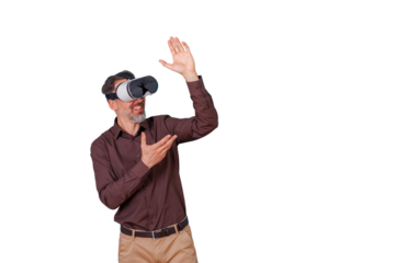 Man experiencing virtual reality metaverse, gesturing and interacting with digital simulation, futuristic technology concept on transparent background
