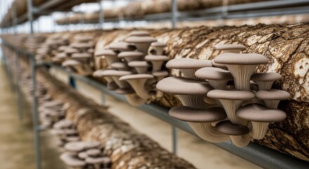 Mushrooms growing on logs in a controlled environment. The scene shows multiple clusters of brown mushrooms on wooden shelves.