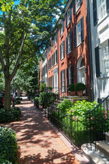 Historic street in Washington DC lined with red brick buildings and cast iron fences