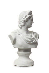 Plaster bust on pedestal against white background