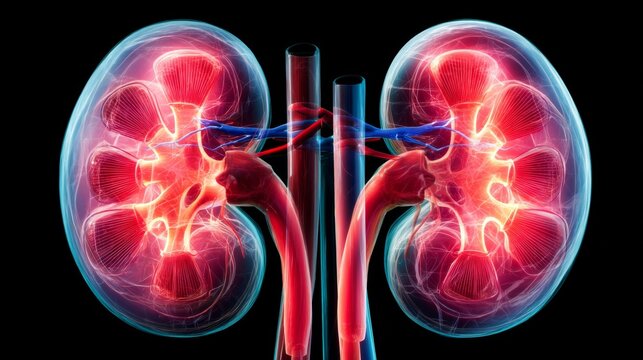 Colorful and detailed view of human kidney anatomy with highlighted vessels and nephrons