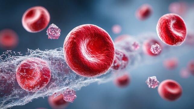 Close-up view of red blood cells and platelets flowing through plasma stream in human bloodstream