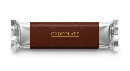 Sealed chocolate bar wrapped in foil with elegant packaging design. Chocolate bar features luxurious brown color and gold lettering, making it ideal for candy promotions and gourmet product showcase.