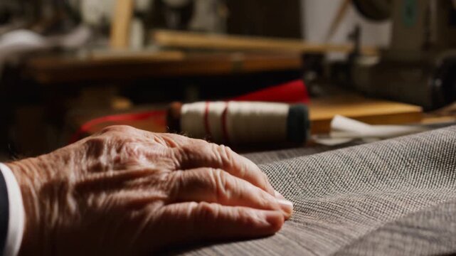 An artisan's hand carefully examining a piece of fabric in a workshop environment. The close-up shot highlights the texture and detail of the material and the skillful hands.  Stock Video