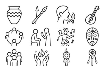 Fototapeta premium Cultural Anthropology Icons. Line style icons of Cultural Anthropology: Tool Use, Dialect, Learned Behavior, Social Tradition;