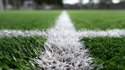 Close-up of a white line on a green artificial turf soccer field. The texture of the grass is visible, highlighting the vibrant color and detail of the surface.