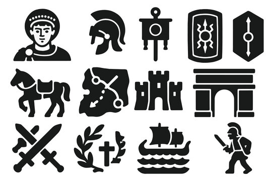 Justinian's Reconquest Icons. Solid style icons of Justinian's reconquests: emperor bust, general&rsquo;s helmet, battle standard, Roman