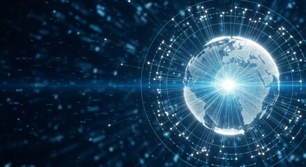 Digital connections: futuristic global network representation with orbiting data streams