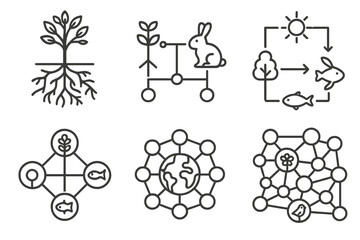 Natural Network Icons. Line style icons of natural network connections: root-fungi interface map, plant-animal linkage grid,