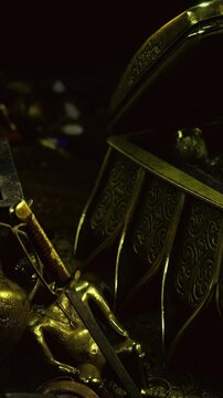 In a dimly lit space, an intricately designed treasure chest reveals a stunning array of colorful gems and ancient artifacts. The atmosphere is mysterious, inviting adventurous spirits.