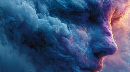 Vibrant cosmic portrait of a person with clouds and stars