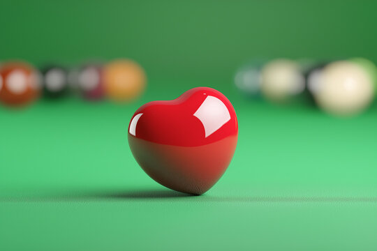 Glossy heart-shaped object on green pool table with colorful balls